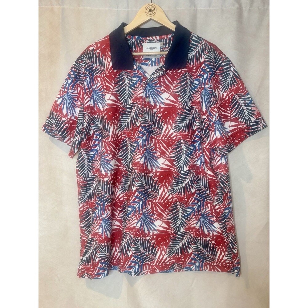 Goodfellow & Co Men's 2XL Tropical Leaf Print Polo Shirt Red Blue